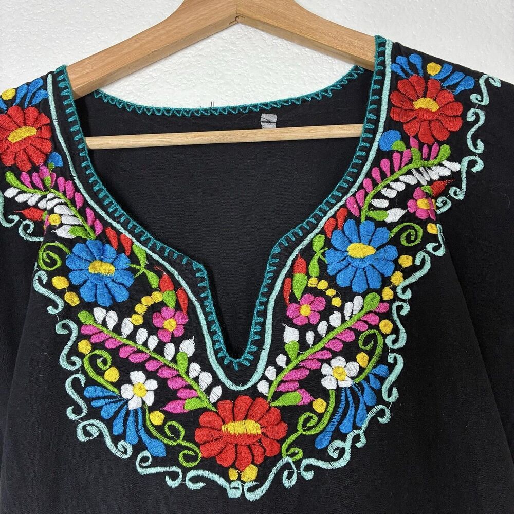 Mexican Embroidered Dress Womens M Black Floral Boho Short Cotton Tunic Peasant - Picture 5 of 9